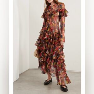 DÔEN Alouette Asymmetric Ruffled Floral-print Silk-georgette Midi Dress